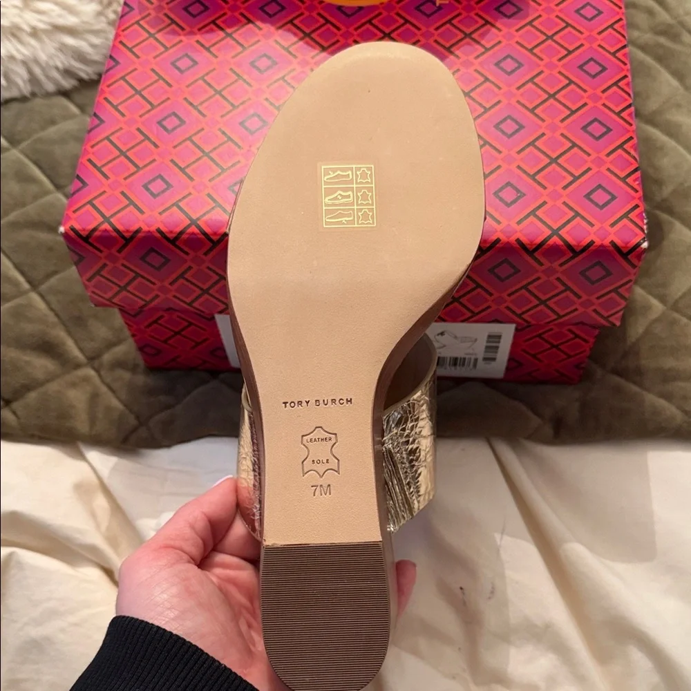 Tory Burch Metallic Gold Crinkle Slide Wedges - Picture 3 of 4